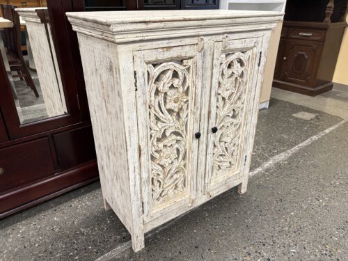 Weathered Cream Floral Mirror Front Wooden Sideboard