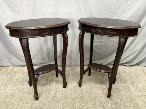 Vintage Victorian Style Floral Carved Walnut Side Tables (Set of 2)