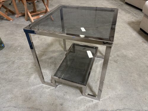 Modern Square Chrome 2 Tier End Table with Tempered Smoked Glass Inserts