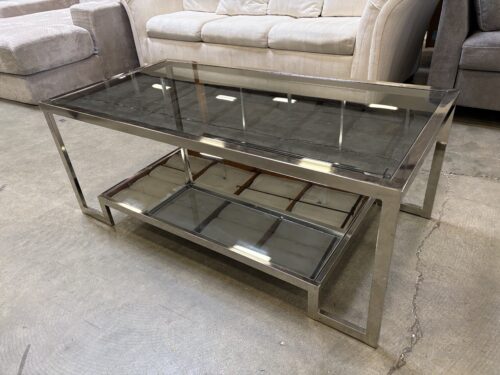 Modern Chrome 2 Tier Coffee Table with Tempered Smoked Glass and Mirror Inserts