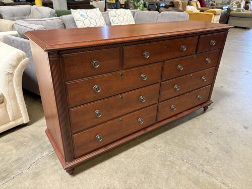 NEWPORT CABINET Cherry Finished Solid Wood 9 Drawer Dresser with Ornate Pulls and Bun Feet