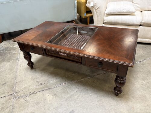 Cherry Finished Coffee Table with Rattan Basket and Trinket Window