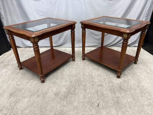 Traditional 2-Tier Glass Top End Table w/ Brass Flower Corner Accents (Set of 2)