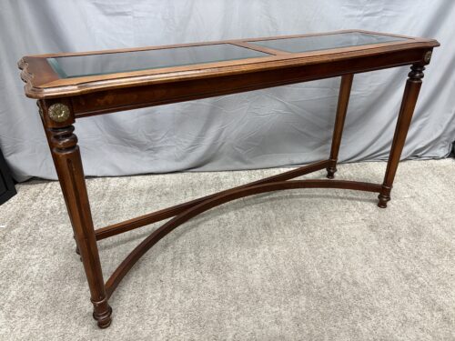 Traditional Glass Top Console Table w/ Brass Flower Corner Accents
