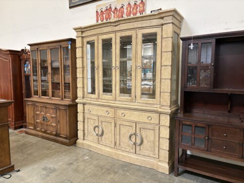 Vintage White Oak Finished 2 Piece China Hutch with Glass Shelves