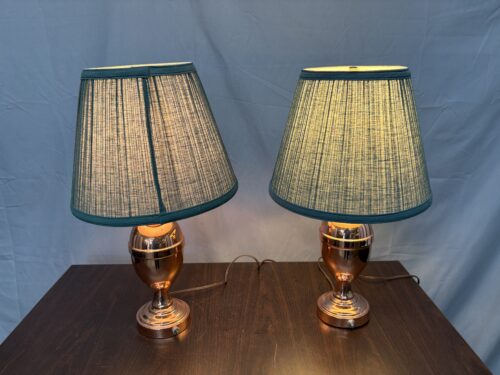 WESCAL Vintage Polished Brass Urn Table Lamp w/ Green Pleated Shade (Set of 2)
