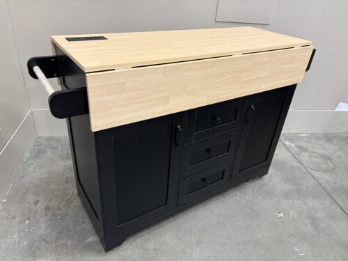 NEW! Black Rolling Kitchen Island with Extendable Counter And Built-In Charging Station