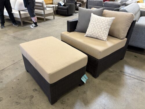 NEW! ABBYSON x SUNBRELLA Belmar Dark Brown Single Arm Outdoor Chair and Ottoman with Beige Cushions