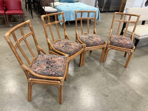 FICKS REED Vintage Leather Wrapped Bent Wood Dining Chairs with Abstract Geometric Print Cushions (Set of 4)
