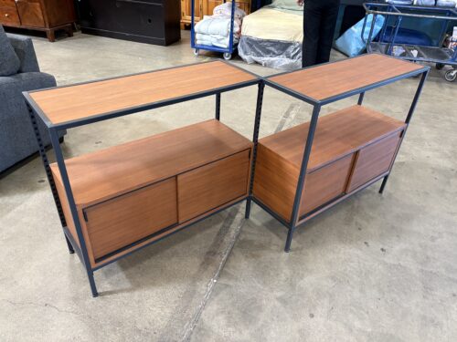 Asymmetrical 2 Tier Bypass Door Display Shelving with Black Metal Frame