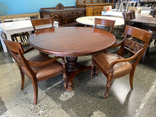 ETHAN ALLEN Vintage Ornate Carved Round Pedestal Table w/ 4 Scale Upholstered Chairs