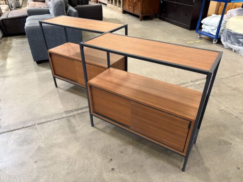 Asymmetrical 2 Tier Bypass Door Display Shelving with Black Metal Frame