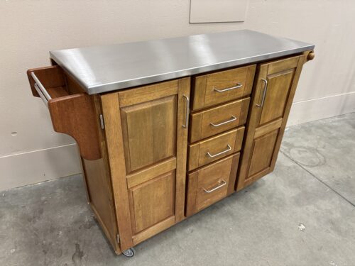 Extendable Maple Finished 4 Drawer Rolling Kitchen Island with Stainless Steel Top