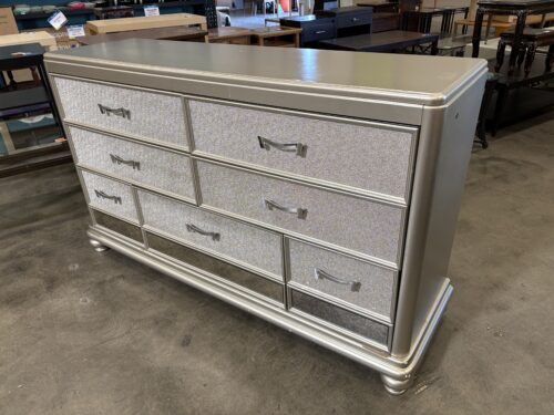 ASHLEY FURNITURE Silver Shagreen Illusion 7 Drawer Dresser with Aged Mirror Panels and Channel Set Chrome Pulls