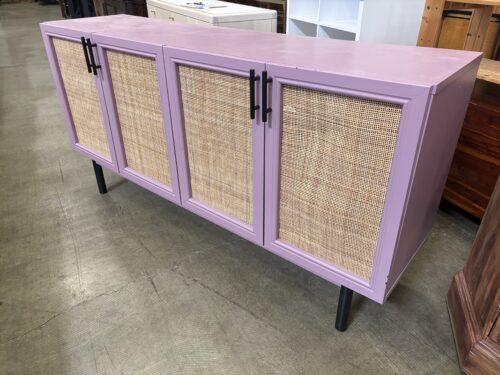 Unique Customized Lilac Media Cabinet with Shelving and Straw Door Fronts