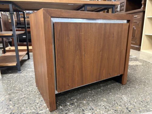 Vintage Mid Century Wood 2 Door Nightstand w/ Metal Trim