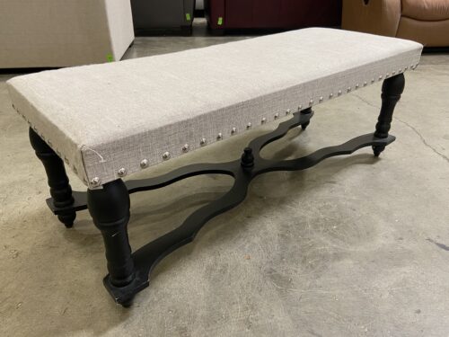 Beige Woven Rectangular Ottoman with Nailhead Trim