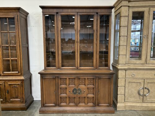 Dark Finished 2 Piece China Hutch with Ornate Carving and Hardware