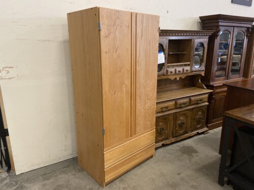 CORIANDER WOOD DESIGNS Large Oak Armoire with Mirror and Coat Hooks