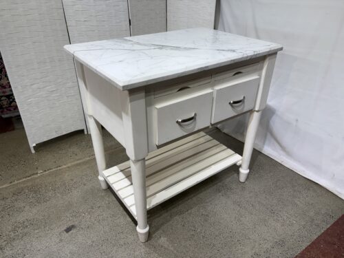 White Stone Top Kitchen Island with Storage and Pull Out Board