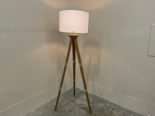Contemporary Wooden Tripod Floorlamp with Beige Linen Shade