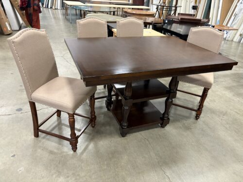 Dark Finished Counter Height Dining Table with 4 Taupe Nailhead Trim Chairs and Storage Pedestal