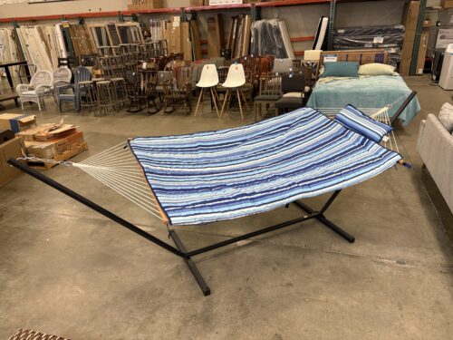 NEW! VEIKOUIS Extra Large 2 Person Hammock with Blue Striped Cover and Pillow