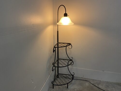 Wrought Iron Corner 3 Tier Shelf with Frosted Glass Lamp Attachment