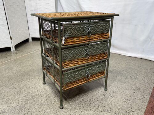 Rustic Patina Green 3-Drawer Metal & Weave Side Table
