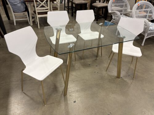 Hollywood Regency Style Glass Top Dining Table with Gold Tone Legs and 4 White Chairs