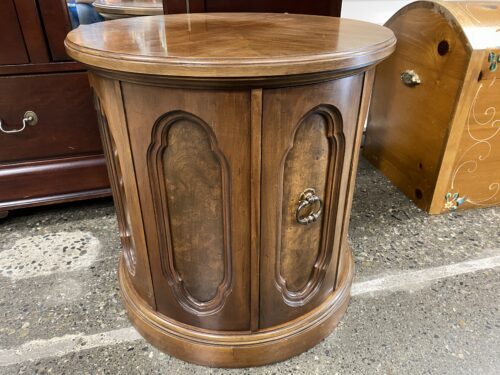 Dark Wood Drum Side Table w/ Burled Wood Panels