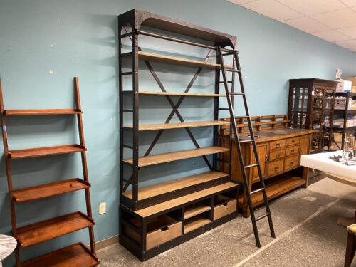 RESTORATION HARDWARE 1950s Dutch Shipyard Industrial 2-Drawer Bookcase w/ Ladder
