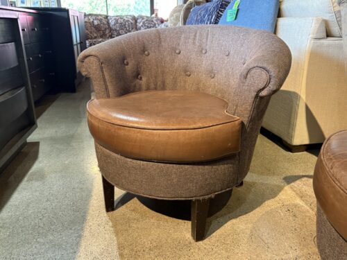 Brown Buttoned Barrel Chair w/ Leather Cushion