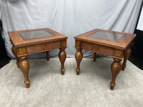KLAUSSNER Traditional Single Drawer End Table w/ Glass & Cane Top (Set of 2)