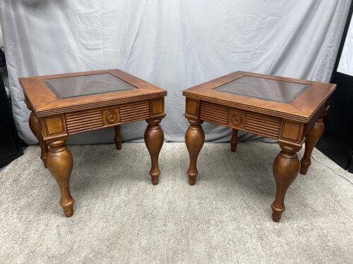 KLAUSSNER Traditional Single Drawer End Table w/ Glass & Cane Top (Set of 2)
