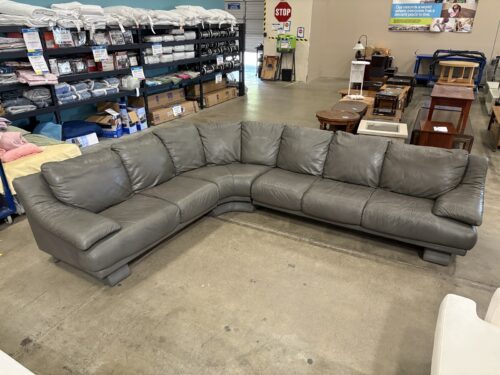 Grey Leather 3 Piece Corner Sofa with Cushioned Arms and Unique Leather Block Base