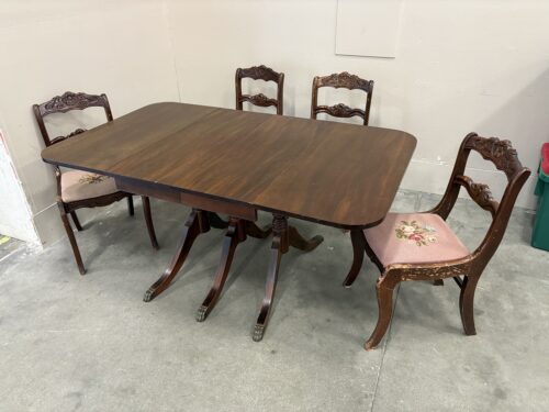 Antique Mahogany Finished Drop-Leaf Dining Table and 4 Chairs with Floral Cross Stitch Upholstery