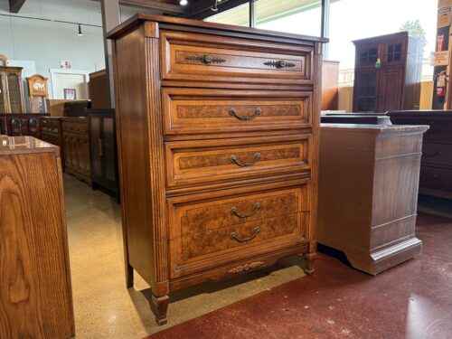 DIXIE Italian Provincial 5-Drawer Tallboy Dresser w/ Burl Wood Veneer