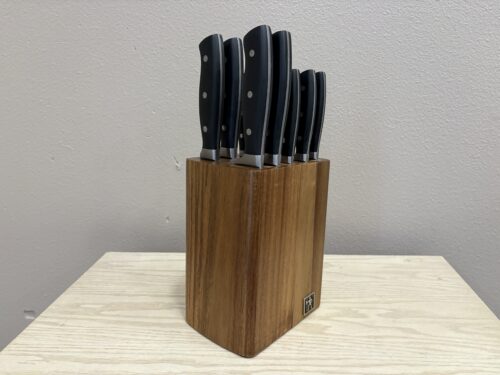 HENCKELS Wooden Knife Block and 9 Fine Edge Forged German Stainless Steel Knives