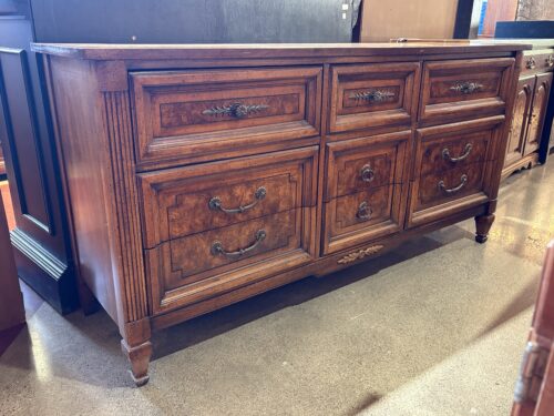 DIXIE Italian Provincial 9-Drawer Dresser w/ Burl Wood Veneer