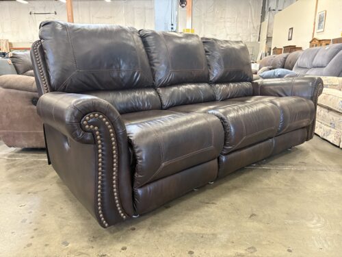 Brown Leather Dual Power Recliner Sofa with Nailhead Trim