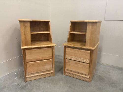 Vintage Oak Tall Nightstands with Shelving (Set of 2)