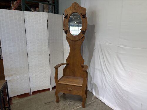 Vintage Oak Hall Tree with Oval Mirror and Built-in Storage Bench