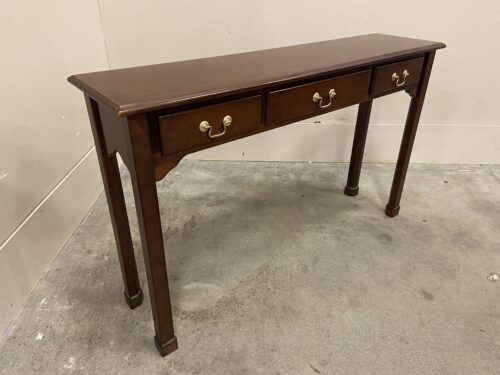 BOMBAY COMPANY Mahogany Finish 3 Drawer Console Entry Table with Decorative Swing Pulls