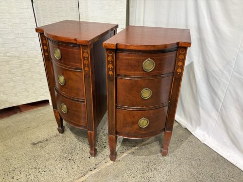 Unique Vintage Curved Front Mahogany Nightstands with Decorative Inlay (Set of 2)