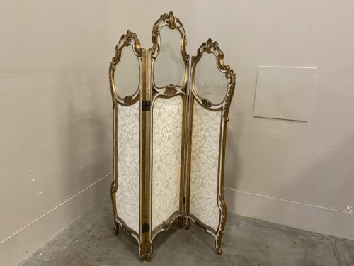 Antique French Rococo Style 3 Fold Giltwood Dressing Screen with Glass Panels