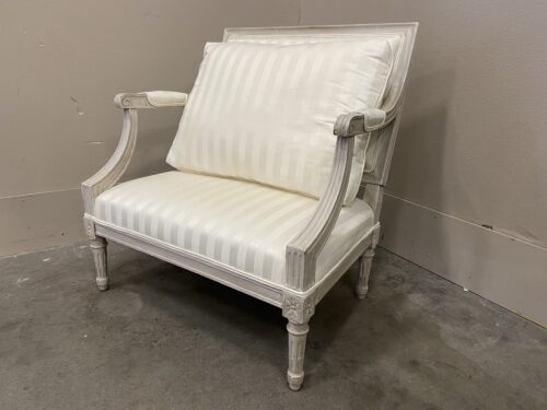 Vintage French Provincial Style Whitewashed Accent Chair with Carved Wood Details and Stiped Upholstery