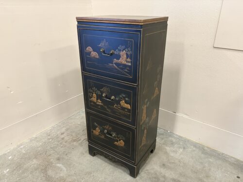 Black Chinoserie 3 Drawer File Cabinet with Handpainted Nature Motifs
