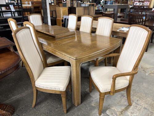 Vintage Nutmeg Extension Table w/ 8 Cream Stripped Upholstered Chairs