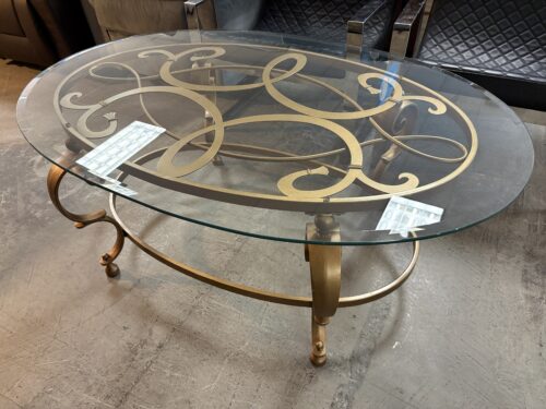Gold Scrollwork Oval Glass Top Coffee Table
